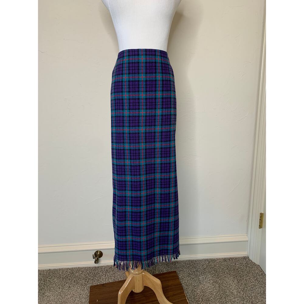 Wool Plaid Teal Purple Red Handmade Midi Skirt Pencil Fringe 33" Waist Large XL